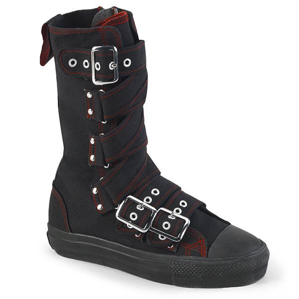 Demonia Women's Deviant-207 Sneakers Boots - Black Canvas/Red D7089-45US Clearance